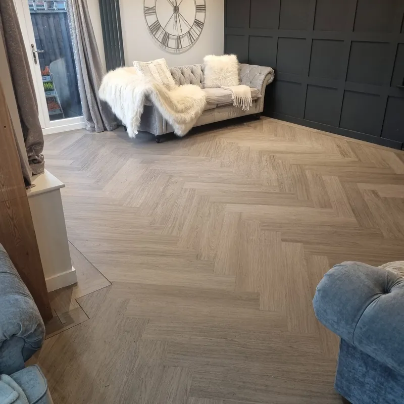 Grey herringbone LVT in the sitting area
