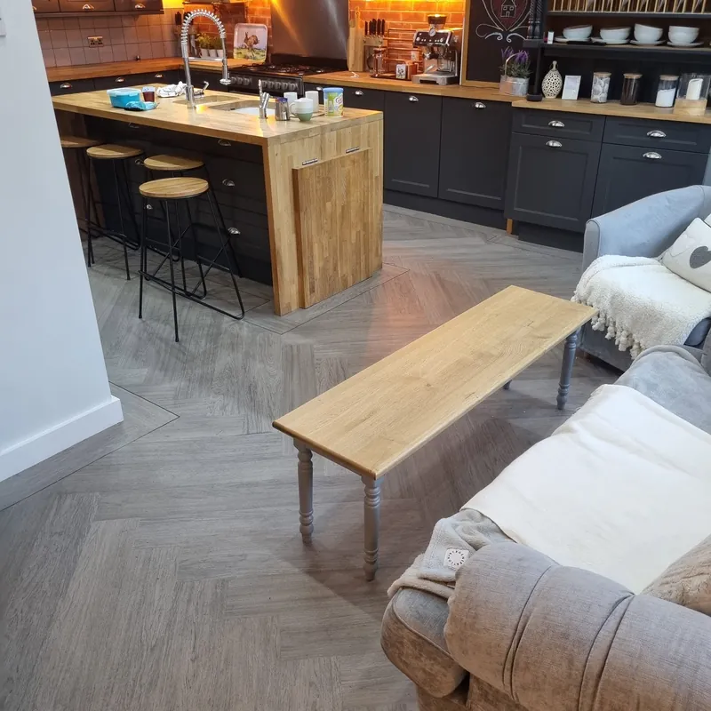 Grey herringbone running through to the kitchen