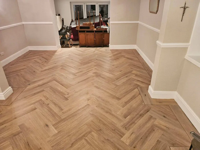 Herringbone pattern carried through the dining room