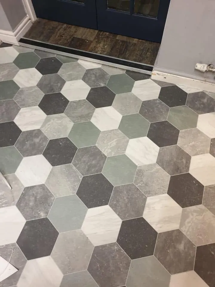 Hexagon tiles meeting the front door threshold